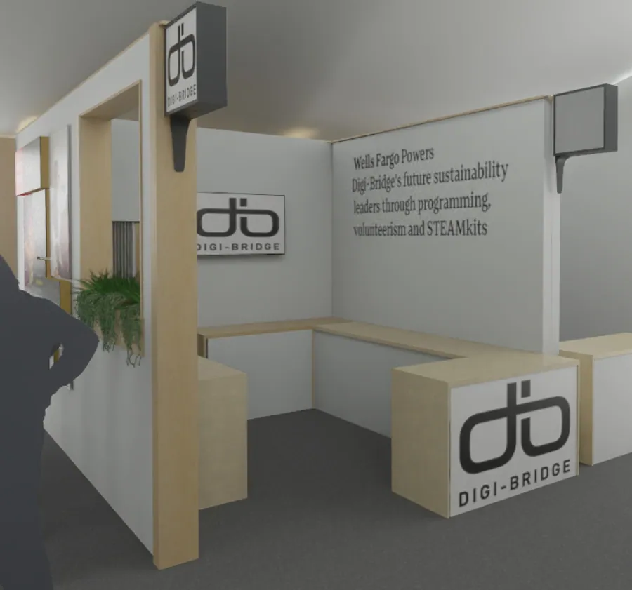 Design rendering of a compact branded activation with a curved counter, hanging blade sign, and a wall of printed program messaging.