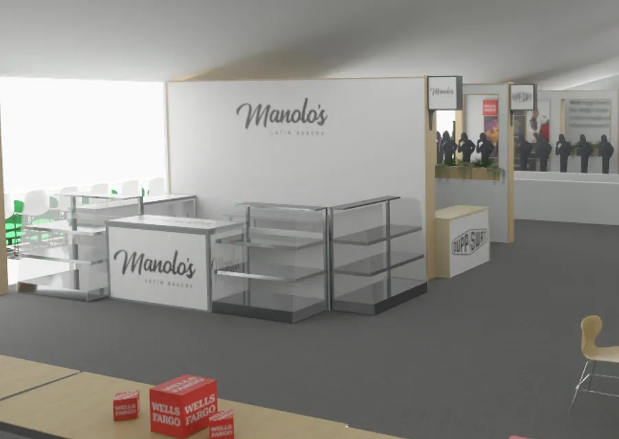 Grey-scale design rendering of a bakery service environment with glass display cases, a service counter, and a branded fascia sign.
